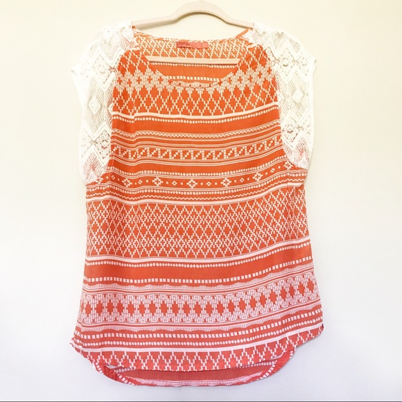 Prana Tops - Prana - Orange Aztec Patterned White Lace Top